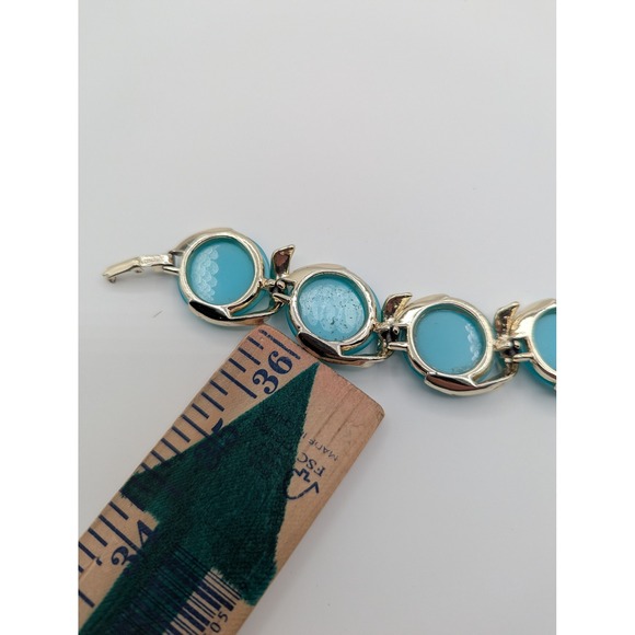 Lisner Teal Blue Cabochon Link Bracelet Silver Tone Vintage - Picture 5 of 5